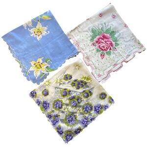 Set of 3 Vintage Hankie Handkerchiefs Floral Blues Purple Pink Yellow Beautiful